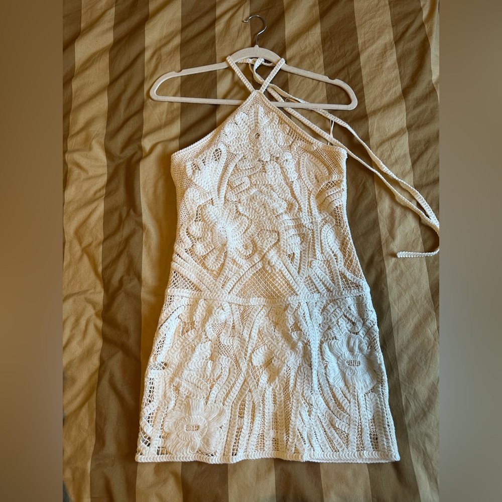 Zara Crochet Cream Embroidered Halter Petite Mini Dress